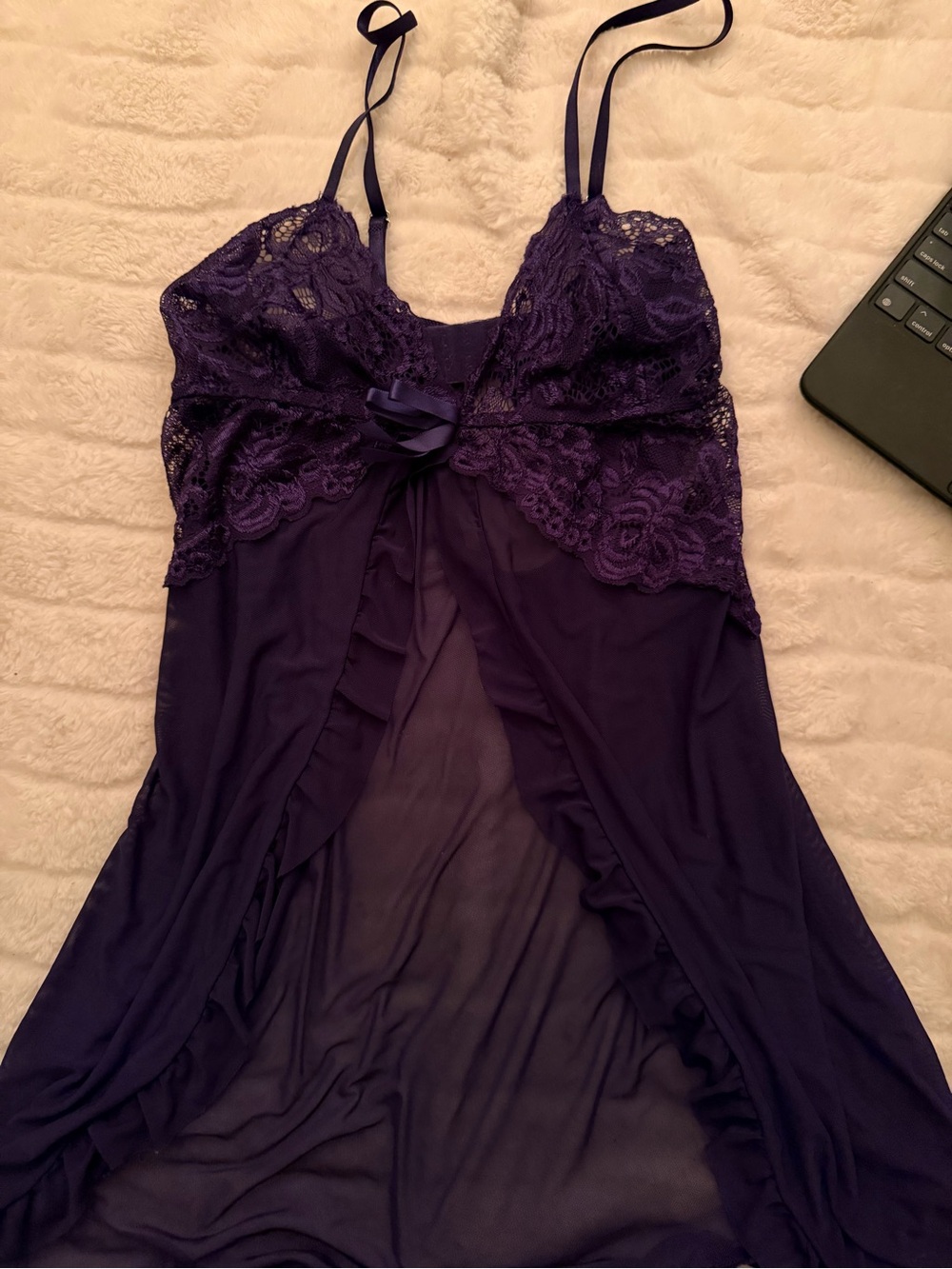 Sheer Purple Lace Chemise Nightgown with Bow Detail